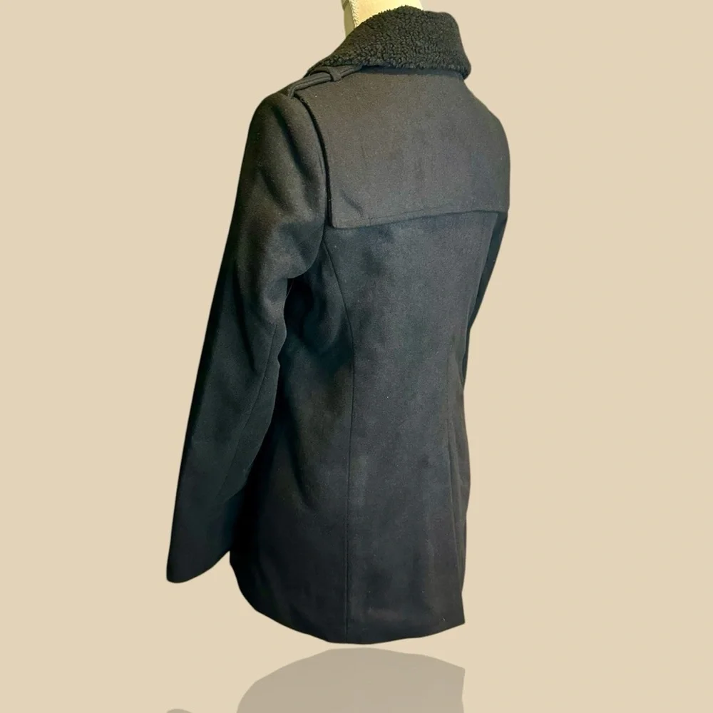 NWT Members Only Fur Collar Black Wool-Blend Double-Breasted Pea Coat Sz Small